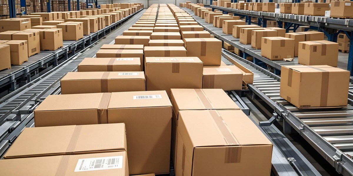 Multiple brown boxes on a conveyor belt in a warehouse