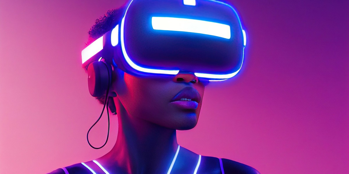 Woman wearing a VR headset in a room illuminated by LED lights