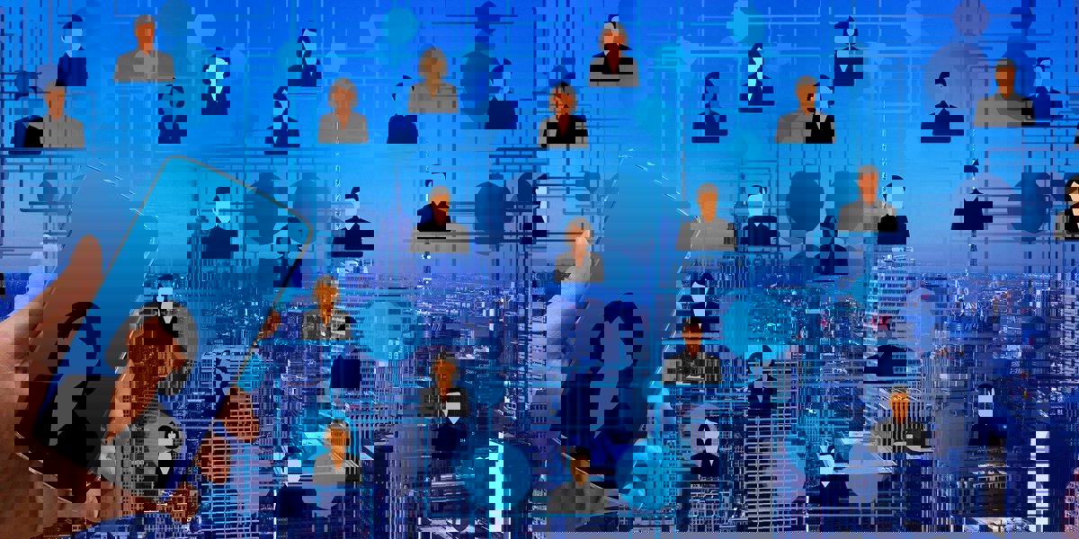 Mobile phone with cartoon profile icons in the background, symbolizing digital connections and online networking.