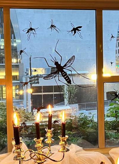 A candelabra in front of a window decorated with large insect shapes