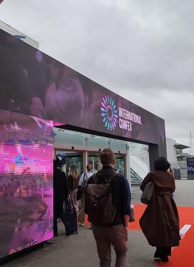Entrance to Confex with LED screens archway