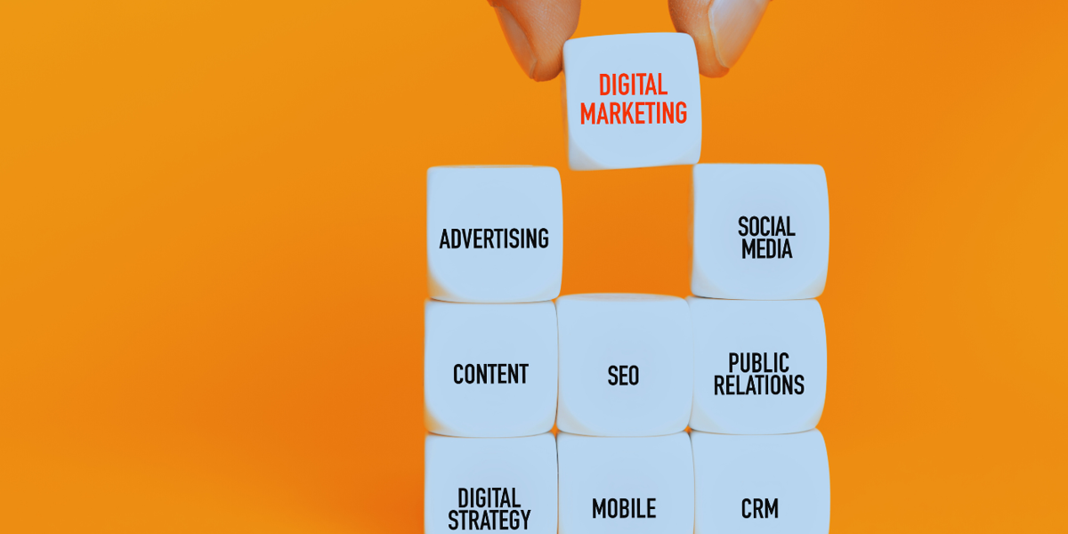 Dice symbolizing various marketing strategies stacked up like a tower