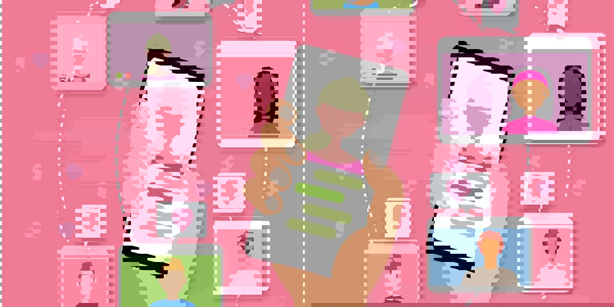 Mobile phone at the center surrounded by circular profile icons, illustrating connections